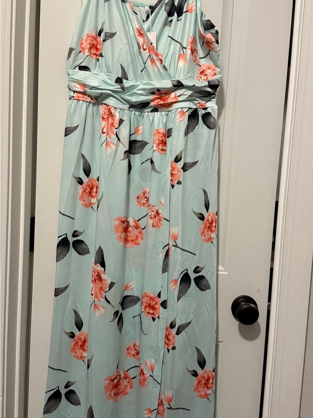 Mint Floral Maxi Dress with Coral Blossoms